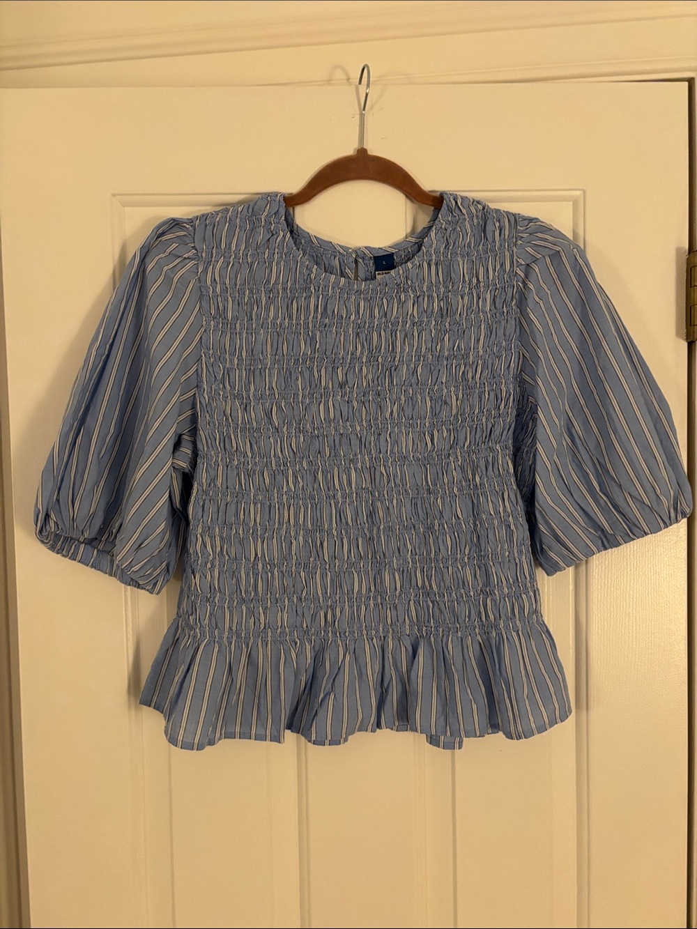 Old Navy Blue and White Striped Smocked Peplum Blouse